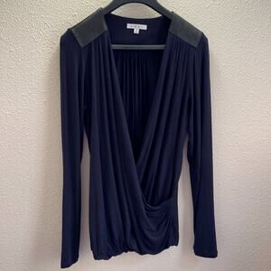 CAbi Women Blue Wrap Style Faux Leather Trim Long Sleeve Blouse Size M